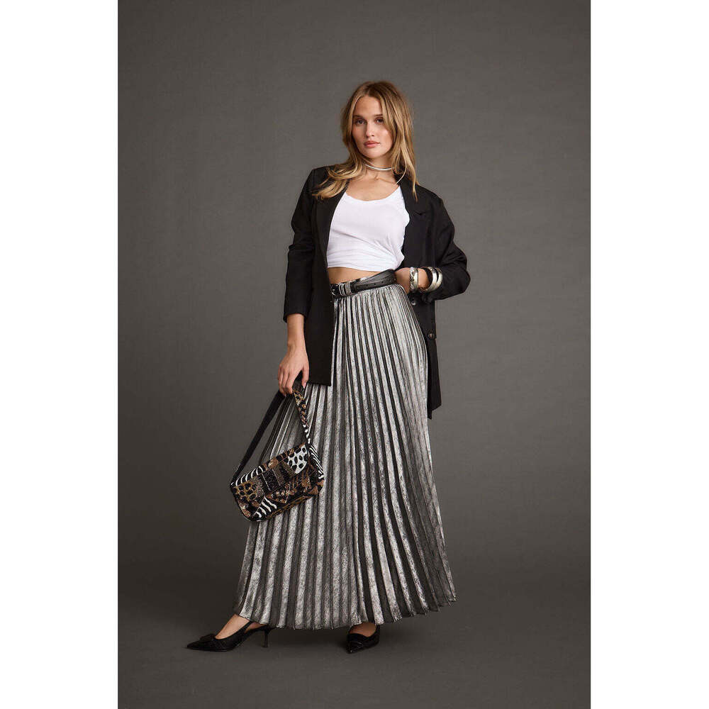 BRSND NEW 12th Tribe Electric Love Gunmetal Metallic Pleated Maxi Skirt Size XSX